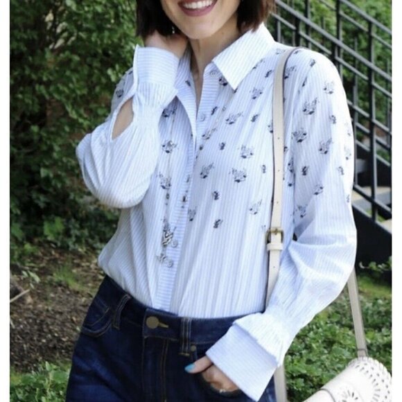 Cabi Blue Floral Pinstripe Button Up Shirt Smocked Ruffled Sleeve Women Sz M - Picture 9 of 12